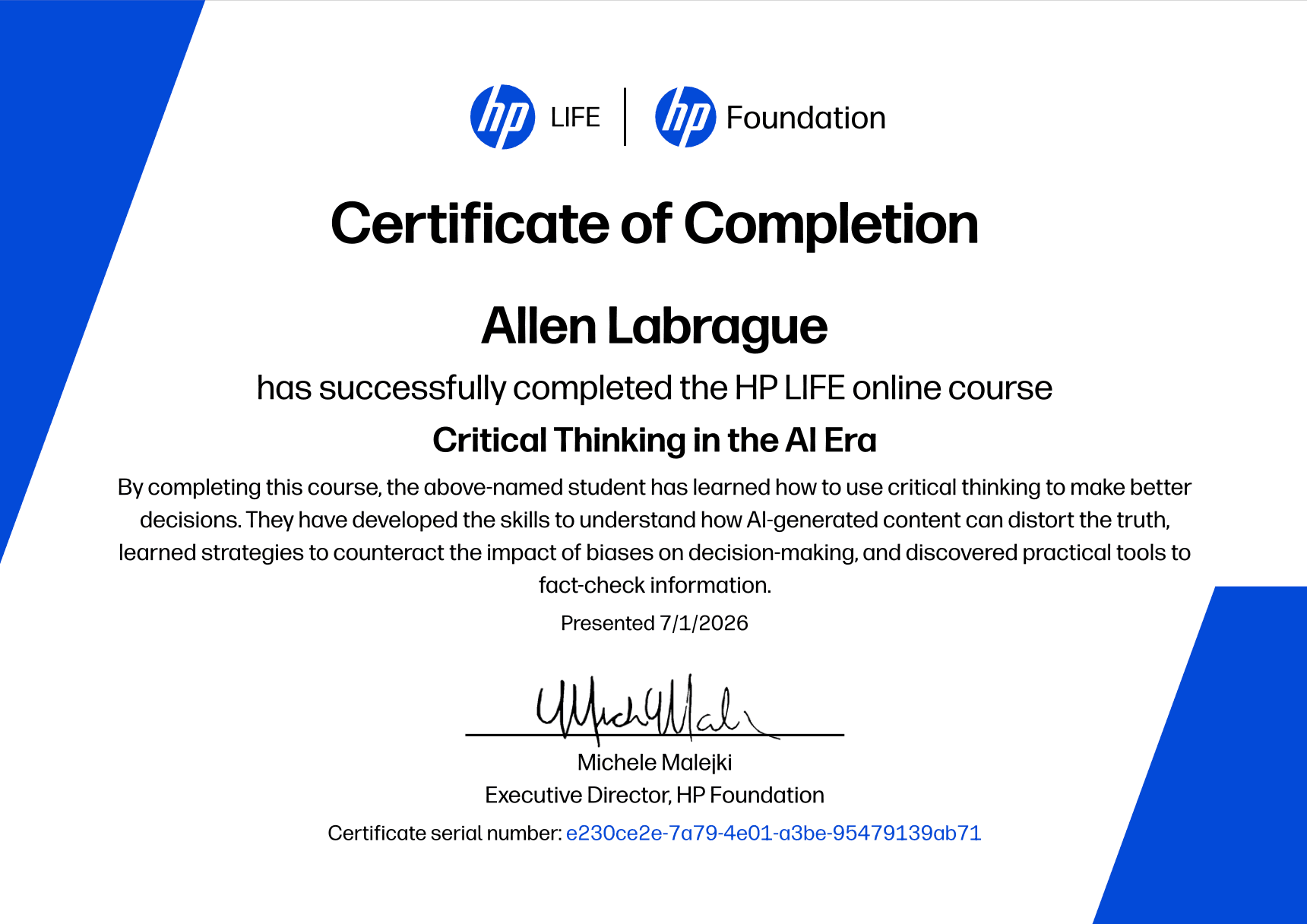 Critical Thinking in the AI Era certificate